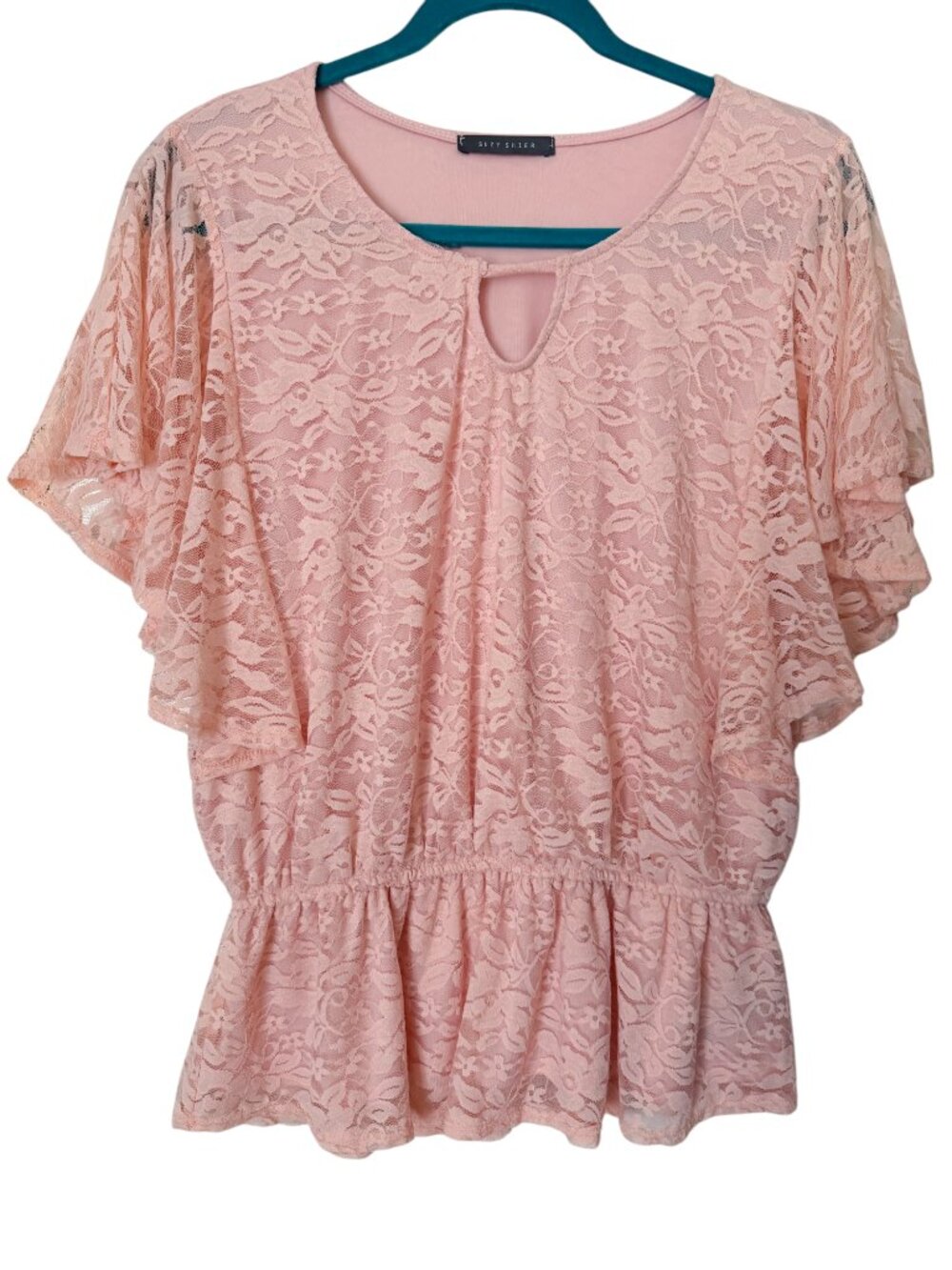 Suzy Shier NWOT Women's Light Coral Lace Peplum Blouse Size Large
